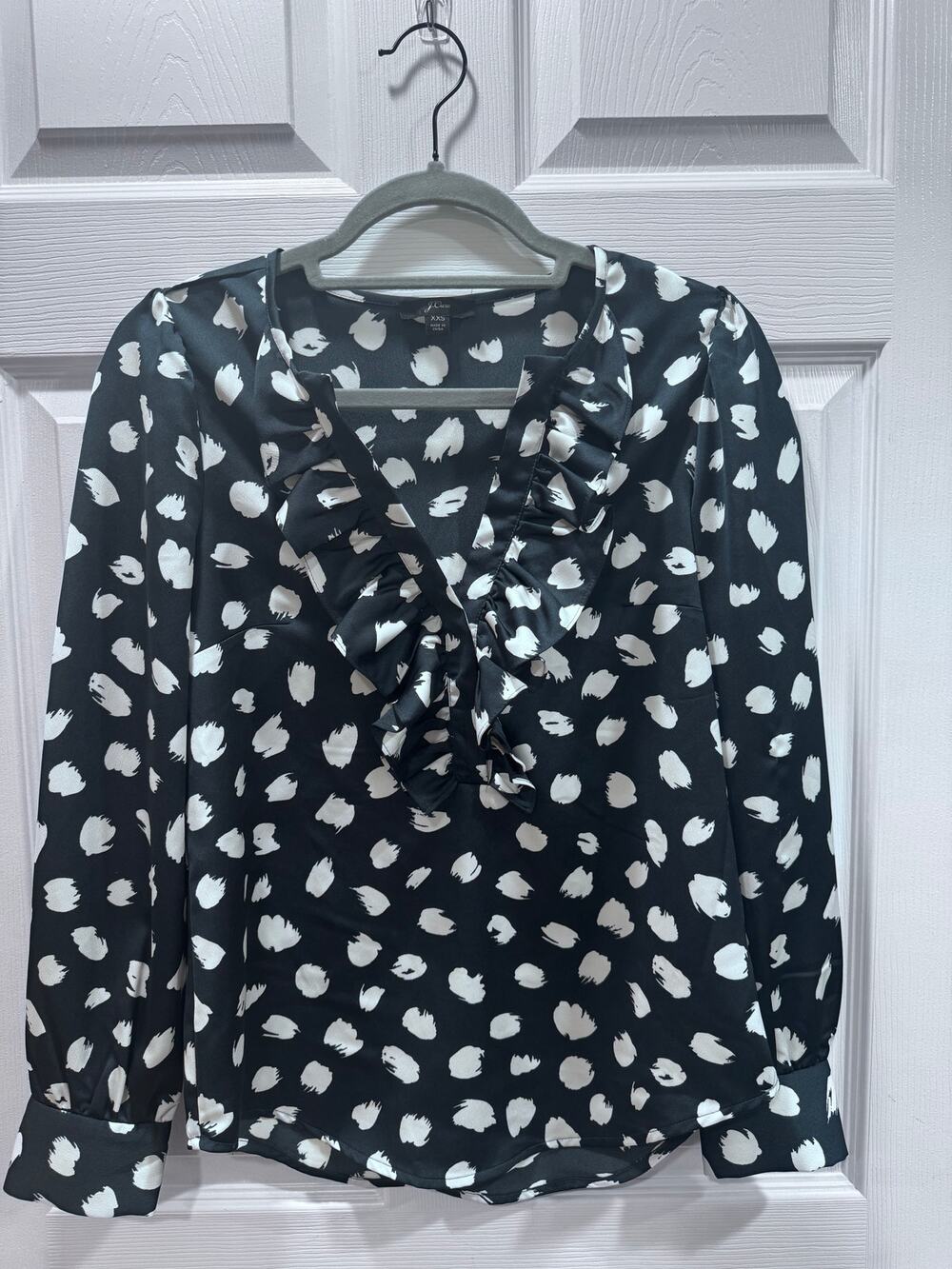 J Crew Navy White Ruffle Neck Blouse XXS Career Work Wear Top